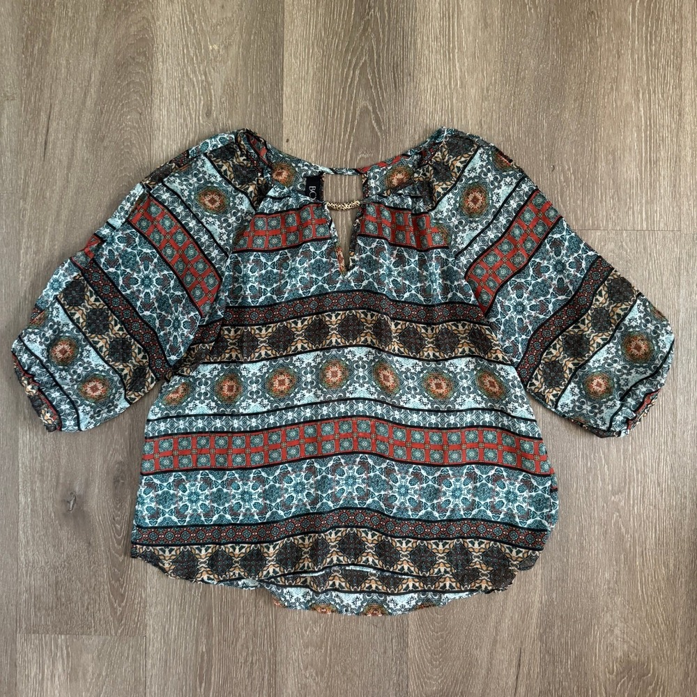 BCX Sheer Blouse Womens Large Teal Rust Medallion Print Keyhole 3/4 Sleeve Top